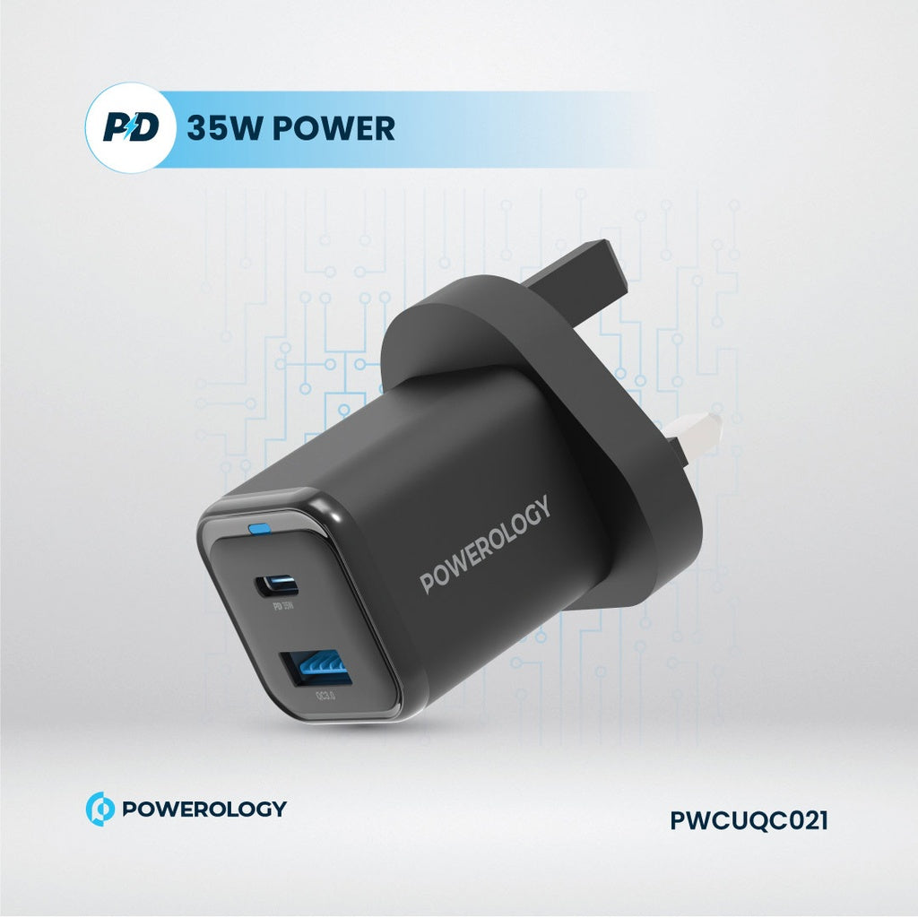 Şarjêra Dual USB-C û USB-A ya Powerology GaN 35W bi Kabloya USB-C ber bi Lightning | Şarjêra Powerology 35W PD QC GaN UK 1xUSB-C 35W + 1xUSB-A 18W bi Kabloya USB-C ber bi Lightning.