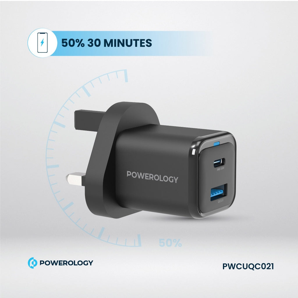 Şarjêra Dual USB-C û USB-A ya Powerology GaN 35W bi Kabloya USB-C ber bi Lightning | Şarjêra Powerology 35W PD QC GaN UK 1xUSB-C 35W + 1xUSB-A 18W bi Kabloya USB-C ber bi Lightning.