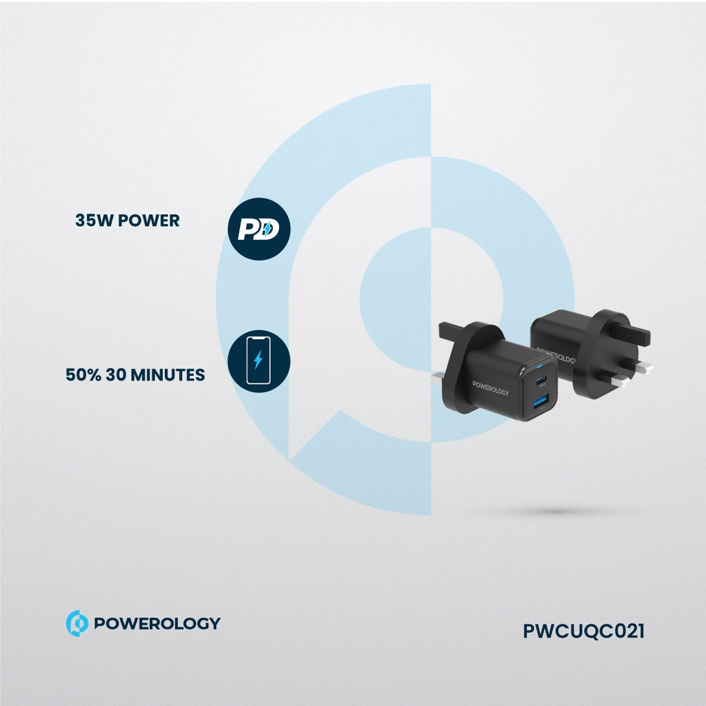 Şarjêra Dual USB-C û USB-A ya Powerology GaN 35W bi Kabloya USB-C ber bi Lightning | Şarjêra Powerology 35W PD QC GaN UK 1xUSB-C 35W + 1xUSB-A 18W bi Kabloya USB-C ber bi Lightning.