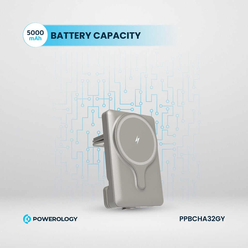 Çenteya Otomobîlê ya Powerology bi Şarjêra Bêtêl a Mîknatîsî û Banka Hêzê ya 5000mAh - Şarjkirina 15W MagSafe.