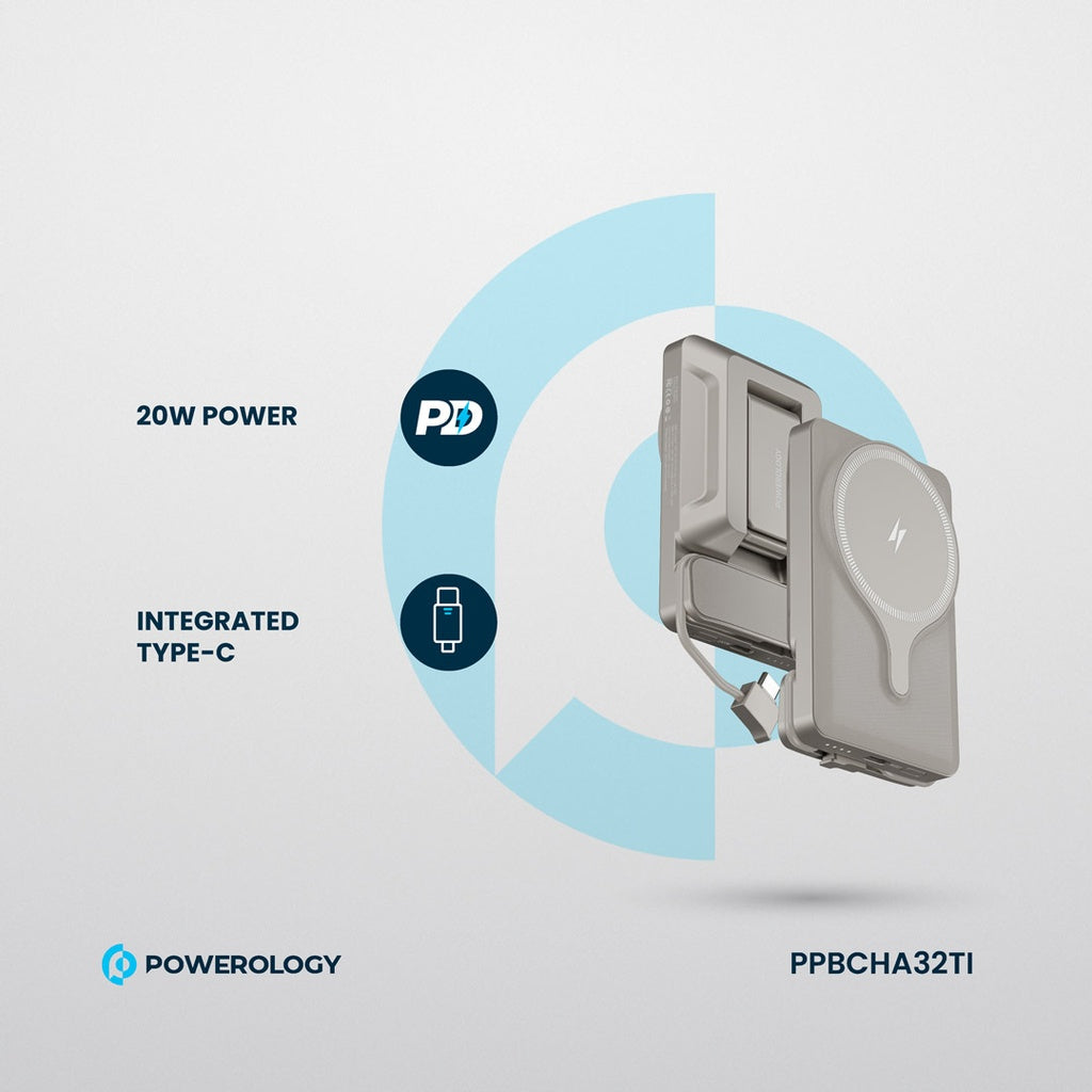 Çenteya Otomobîlê ya Powerology bi Şarjêra Bêtêl a Mîknatîsî û Banka Hêzê ya 5000mAh - Şarjkirina 15W MagSafe.