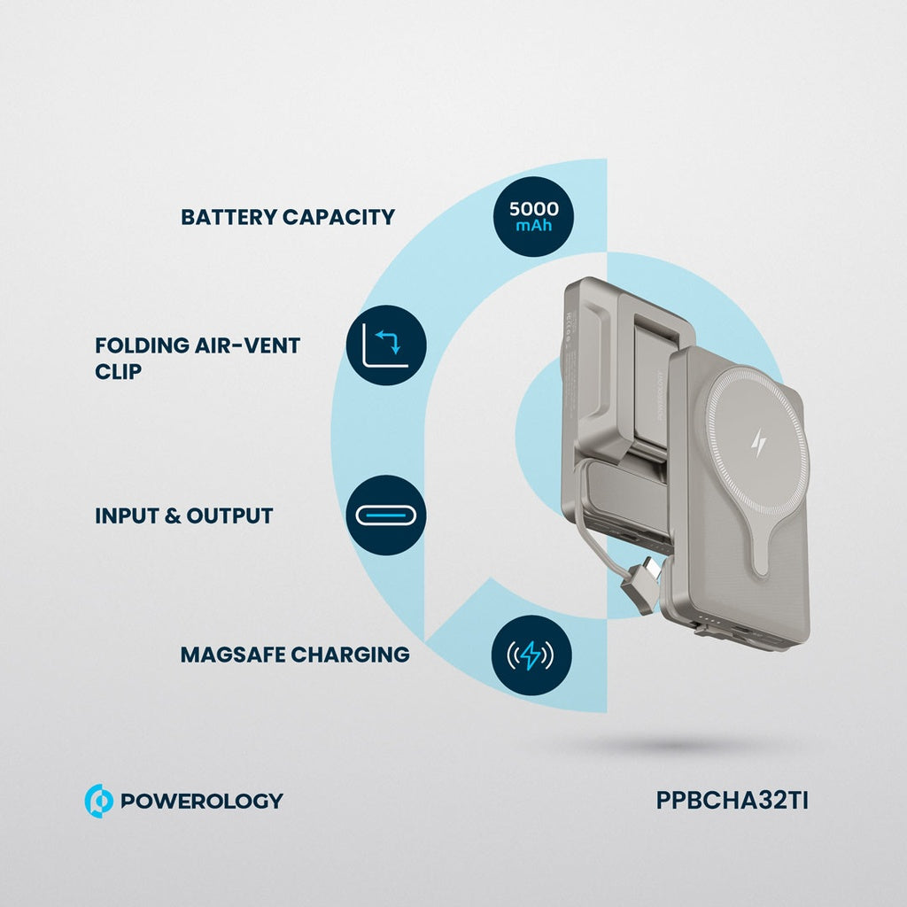 Çenteya Otomobîlê ya Powerology bi Şarjêra Bêtêl a Mîknatîsî û Banka Hêzê ya 5000mAh - Şarjkirina 15W MagSafe.