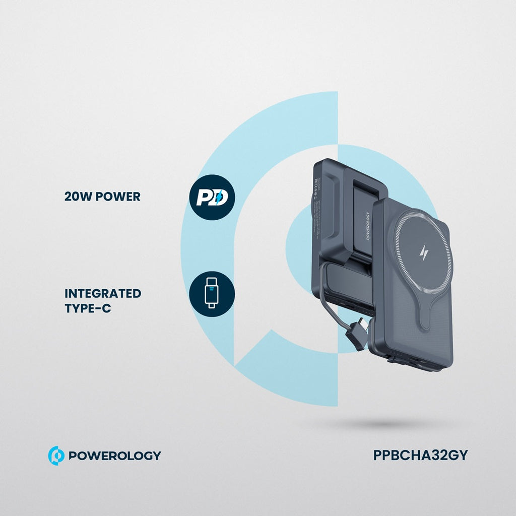 Çenteya Otomobîlê ya Powerology bi Şarjêra Bêtêl a Mîknatîsî û Banka Hêzê ya 5000mAh - Şarjkirina 15W MagSafe.
