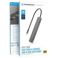 Hub-a 4K HDMI USB-C ya 6-di-1ê ya zirav a Powerology bi şarjkirina bilez a 100W û MicroSD - gewrê tarî
