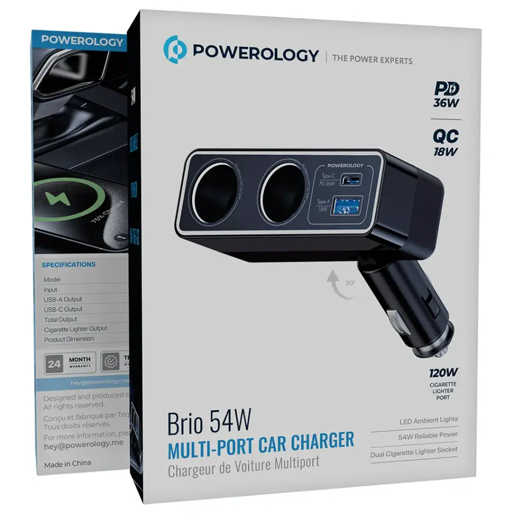 Powerology Brio 54W Multi-Port Car Charger - Black | شاحن سيارة متعدد المنافذ 54 واط - أسود