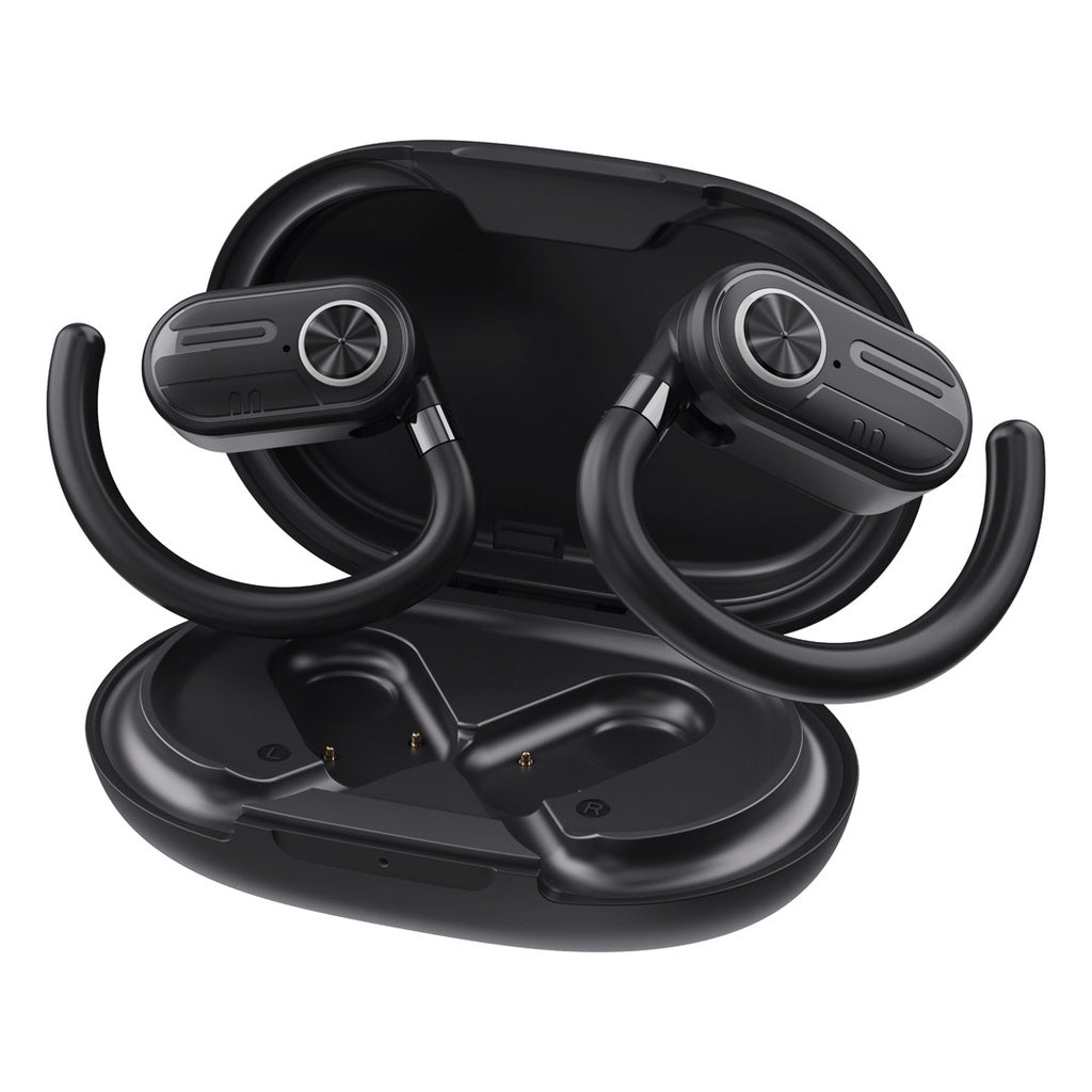 سماعات باورولوجي اللاسلكية بتقنية التوصيل الهوائي مع علبة شحن بشاشة عرض - اسود | Powerology ENC TWS Air Conduction Earbuds and Charging Case with Display 50mAh8 - Black.