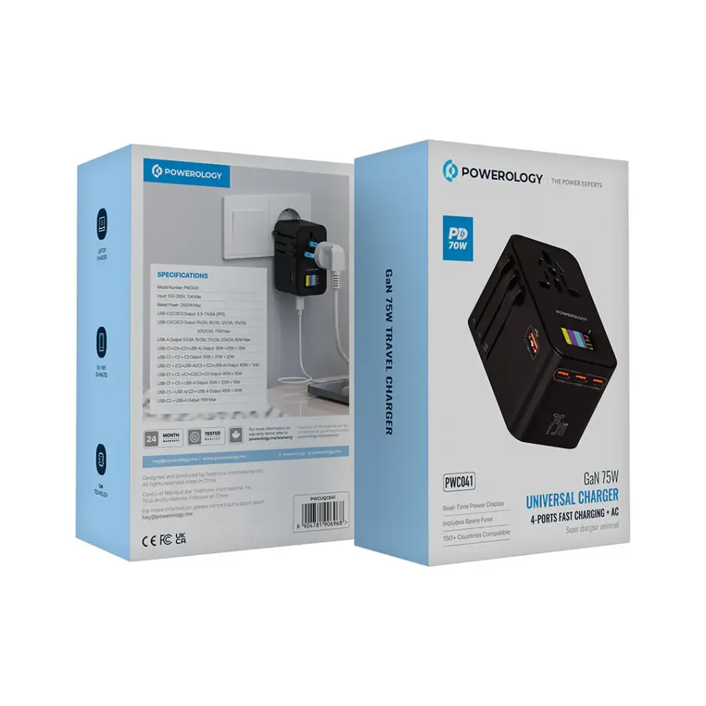 Adaptora rêwîtiyê ya 3-Port USB-C ya Powerology GaN 75W - Reş | Adaptora rêwîtiyê ya USB-C GaN ya Powerology PD75W×3 - Reş