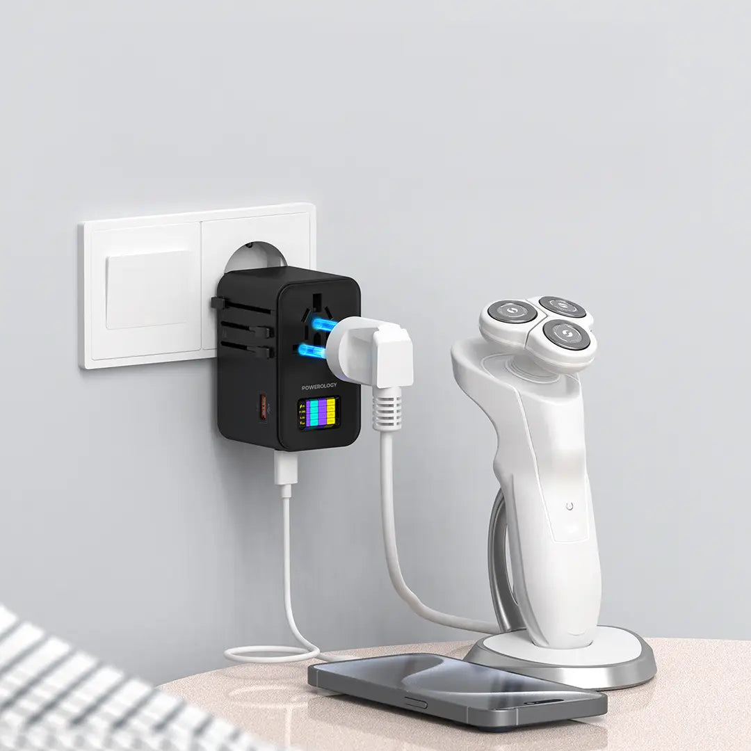 Adaptora rêwîtiyê ya 3-Port USB-C ya Powerology GaN 75W - Reş | Adaptora rêwîtiyê ya USB-C GaN ya Powerology PD75W×3 - Reş