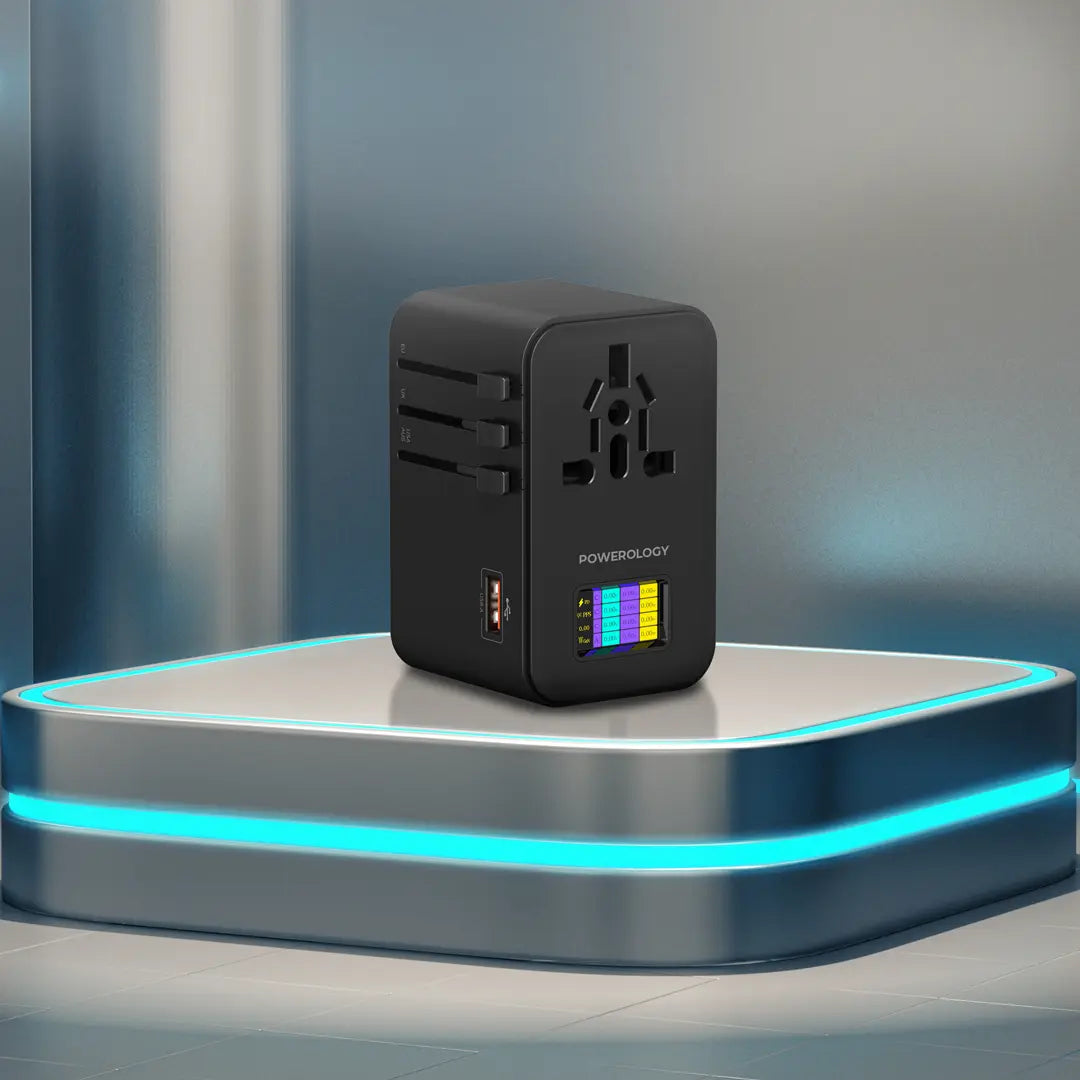 Adaptora rêwîtiyê ya 3-Port USB-C ya Powerology GaN 75W - Reş | Adaptora rêwîtiyê ya USB-C GaN ya Powerology PD75W×3 - Reş