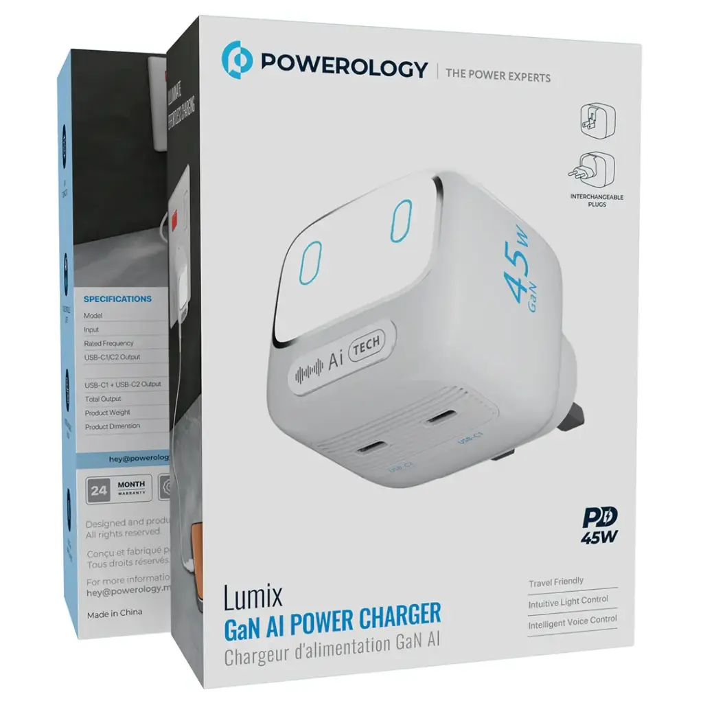 Powerology Lumix GaN AI Power Charger - White | شاحن باور لوجي لوميكس GaN بالذكاء الاصطناعي - أبيض