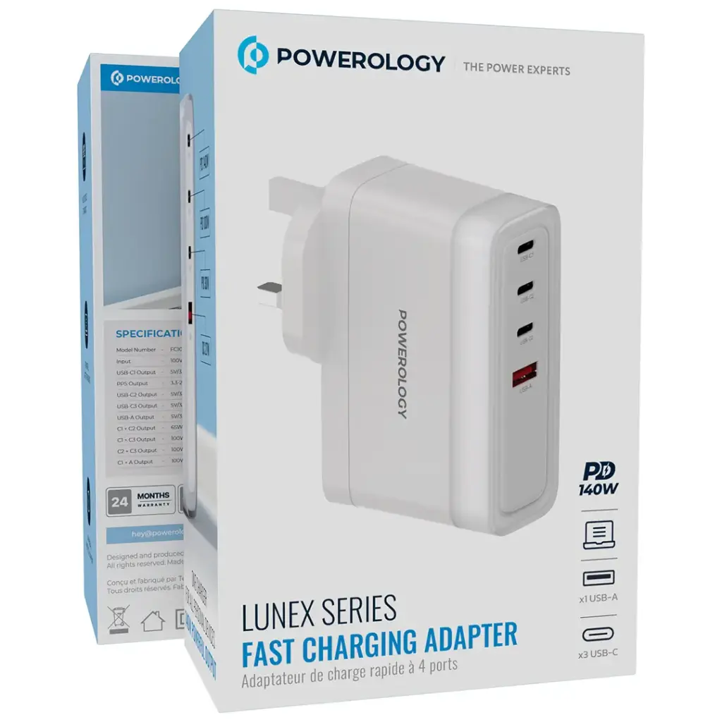 Adaptora Şarjkirina Bilez a 4-Port a Powerology bi PD-ya 140W - Spî