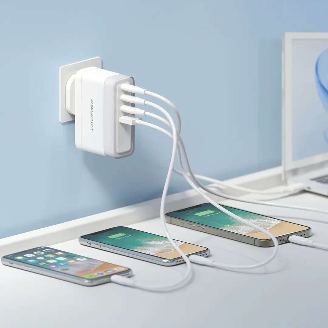 Adaptora Şarjkirina Bilez a 4-Port a Powerology bi PD-ya 140W - Spî
