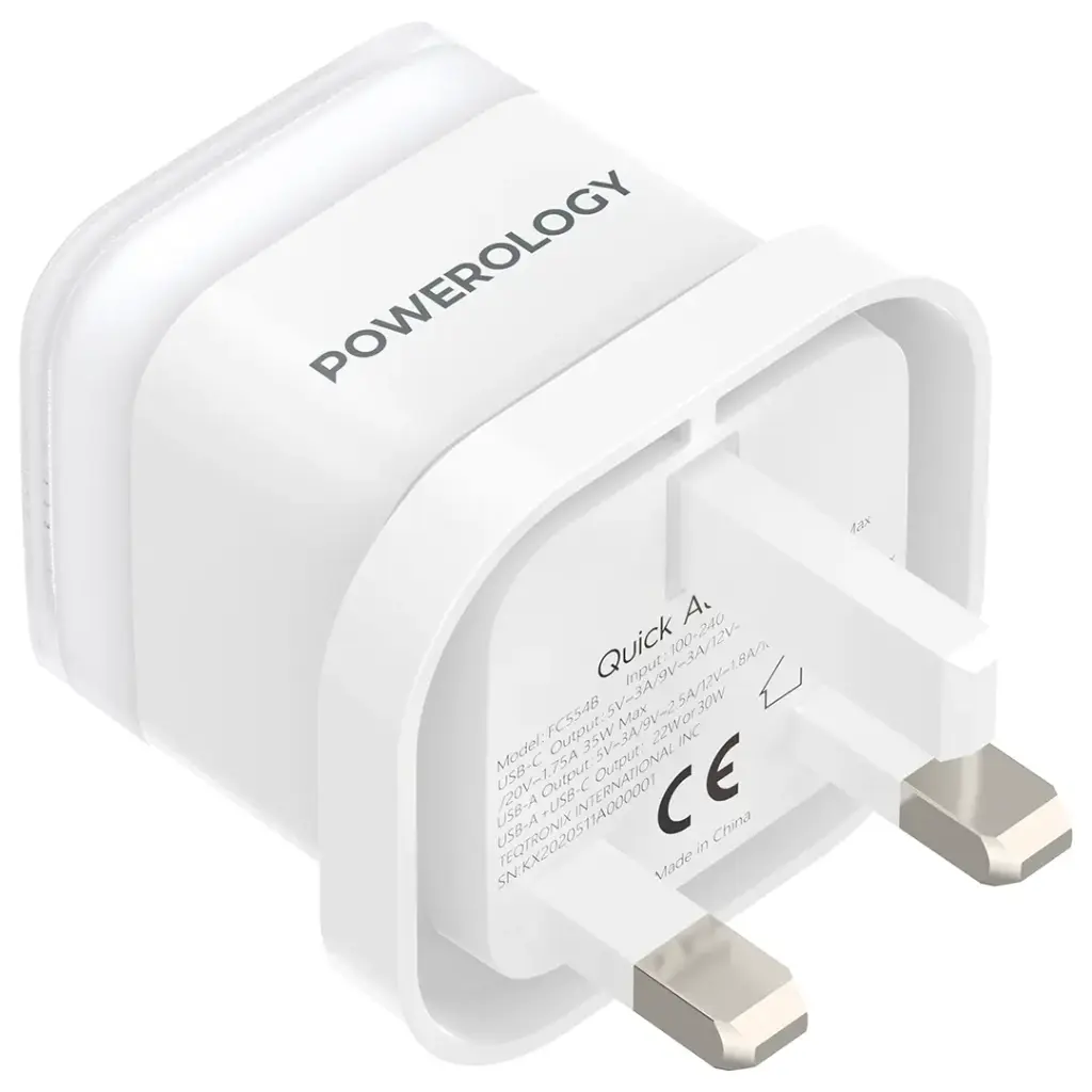 محول الشحن السريع الثنائي المنفذ من باورولوجي 35 واط | Powerology Dual-Port 35W Fast Charging Adapter