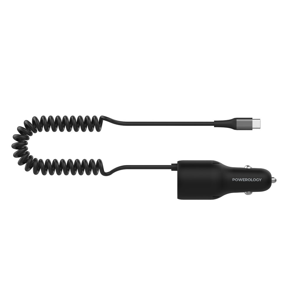 Şarjêra Otomobîlê ya Du Portî ya Powerology PD45W + QC18W bi Kabloya Pêçayî ya 35W Type-C - Reş | Şarjêra Otomobîlê ya Du Portî ya Powerology PD45W + QC18W bi Kabloya Pêçayî ya 35W Type-C.