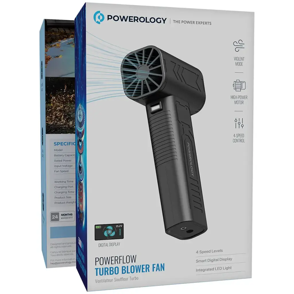 منفاخ باورولوجي توربو 24000 مللي أمبير مع إضائة LED - أسود | Powerology 24000mAh Turbo Blower Fan with LED Light - Black