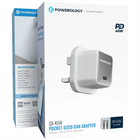 محول باورولوجي كيو إكس 45 واط غان المدمج مع كابل تايب سي | Powerology QX 45W Single Port GaN Adapter with C to C Cable
