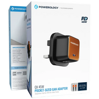 محول باورولوجي كيو إكس 45 واط غان المدمج مع كابل تايب سي | Powerology QX 45W Single Port GaN Adapter with C to C Cable