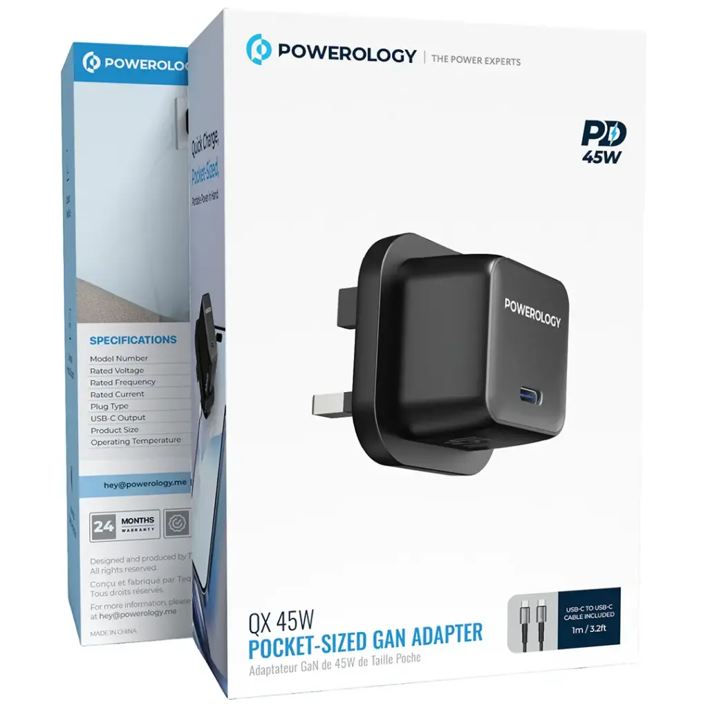 محول باورولوجي كيو إكس 45 واط غان المدمج مع كابل تايب سي | Powerology QX 45W Single Port GaN Adapter with C to C Cable
