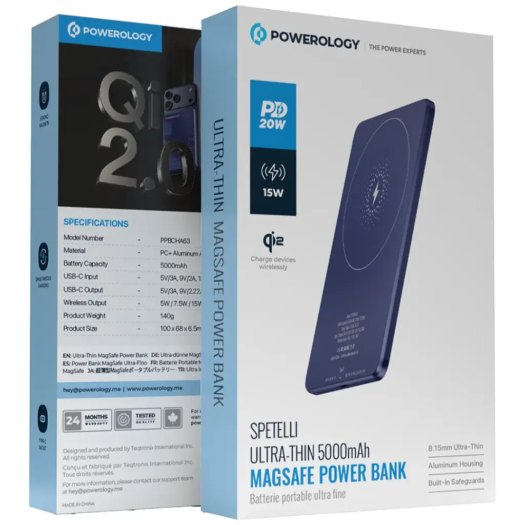 بنك طاقة باورولوجي فائق النحافة 5000mAh مغناطيسي MagSafe مع شحن سريع PD 20W Powerology Ultra-Thin 5000mAh MagSafe Power Bank, Magnetic Wireless Charger PD 20W