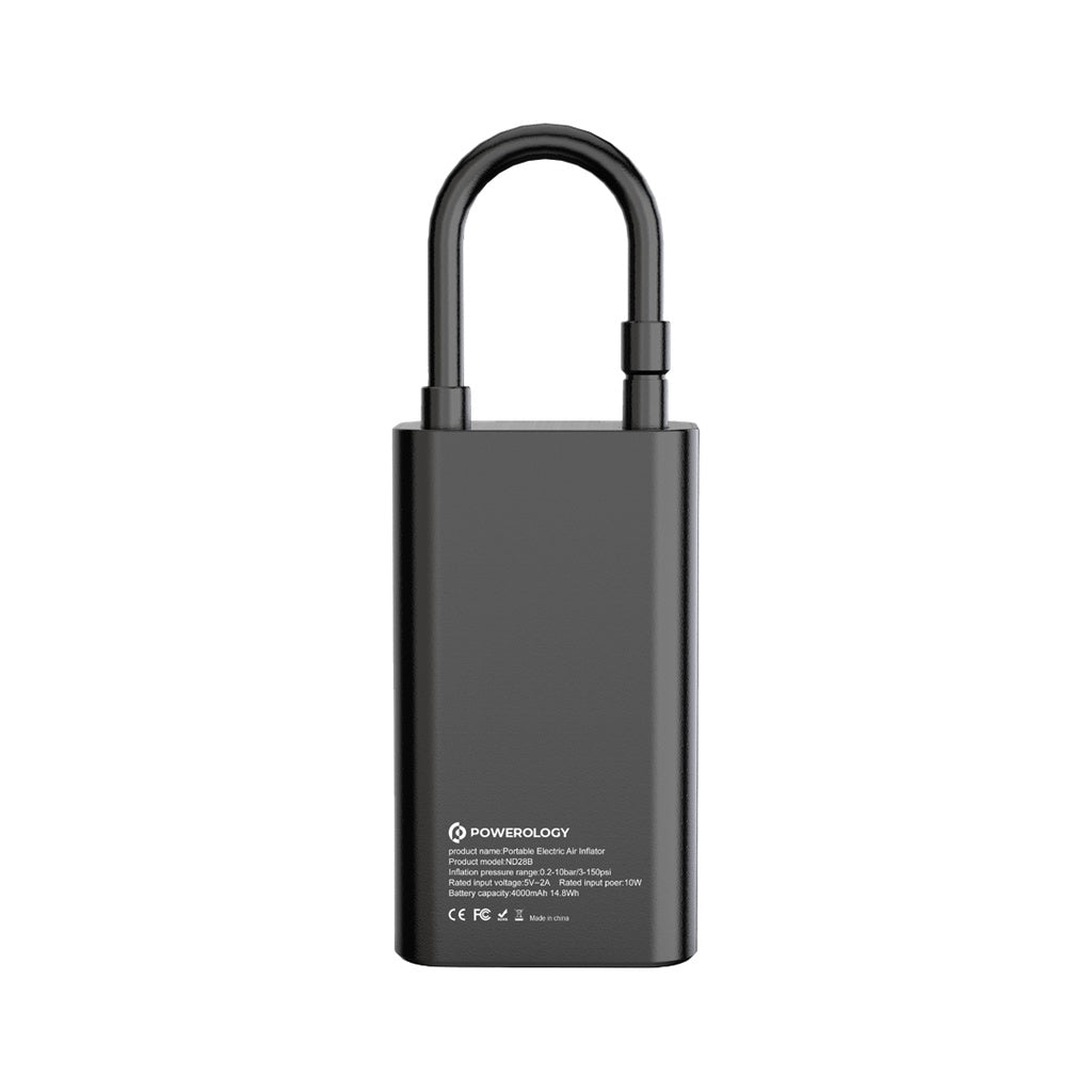 منفاخ هواء باورولوجي المحمول, بطارية بسعة 4000mAh, متعدد الوضائف مع باور بانك - اسود | Powerology 4000mAh 3C Mini Air Pump & Power Bank – Black.