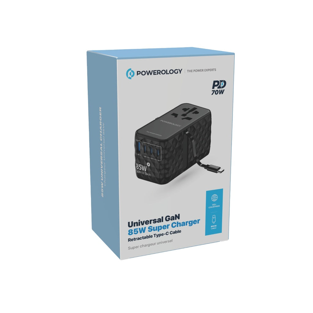 Şarjêra Gerdûnî ya Powerology GaN, Şarjêra Super a 85W bi Kabloya Type-C ya Vekişîner.