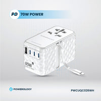 شاحن باورولوجي العالمي GaN, شحن سريع بقدرة 85 واط مع كيبل تايب سي مدمج قابل للسحب | Powerology GaN 85W Super Charger with Retractable Type-C Cable.