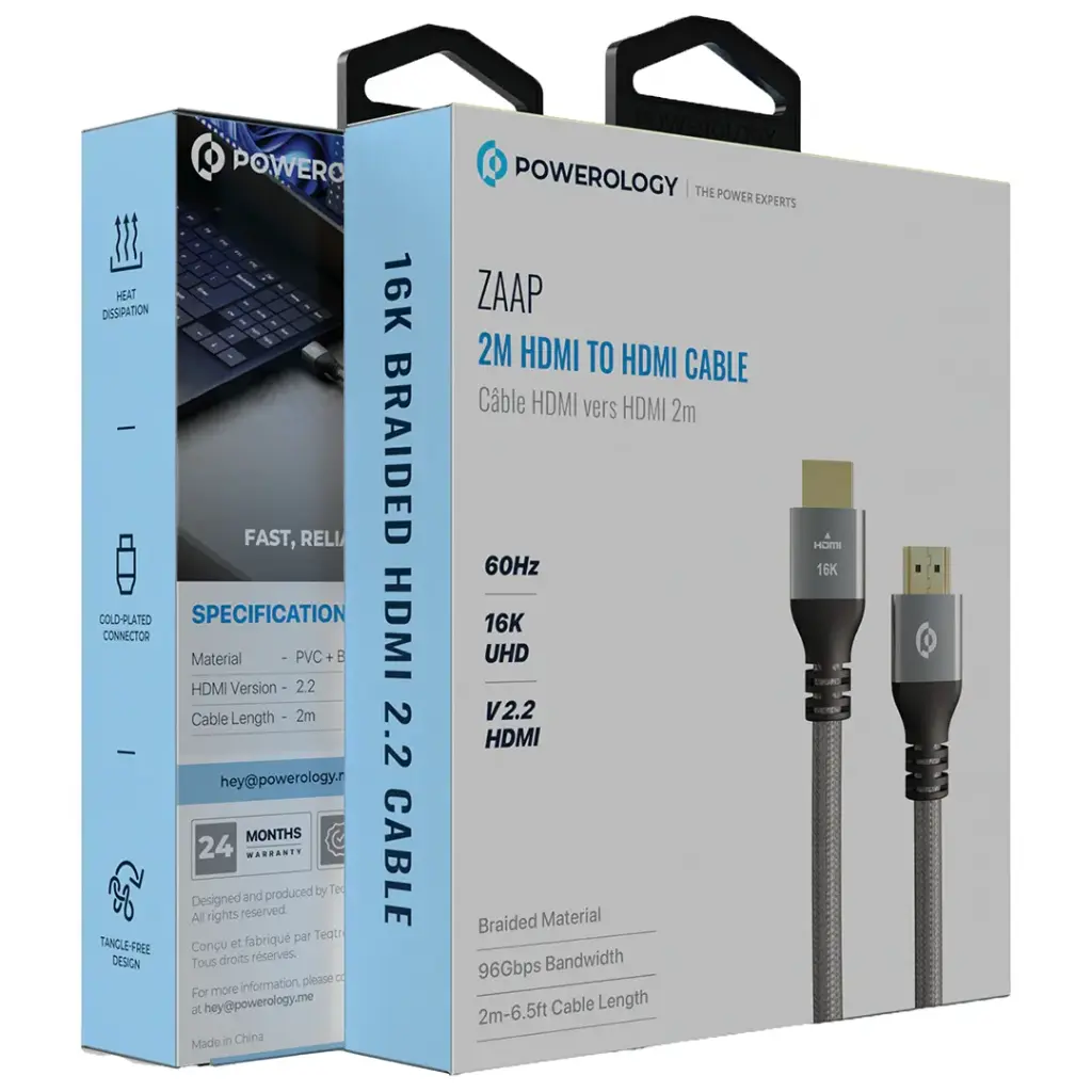 كيبل HDMI باورولوجي 16K V2.2 بطول 2 متر – سريع 96Gbps، تصميم مضفر، موصلات مطلية بالذهب | Powerology 16K HDMI V2.2 Cable 2M 96Gbps Braided Gold-Plated