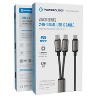 كابل باورولوجي زينكو سيريز ثنائي يو إس بي سي من نوع 2 في 1 - رمادي غامق | Powerology Zinco Series 2-In-1 Dual USB-C Cable - Dark Gray