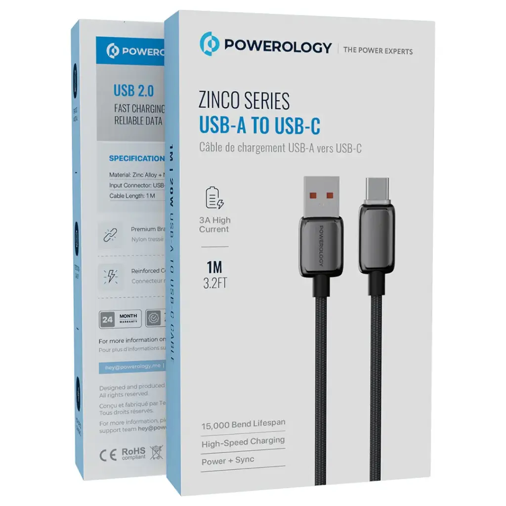 Powerology Zinco Series USB-A to USB-C - Dark Gray | كابل باورولوجي زينكو USB-A إلى USB-C - رمادي غامق