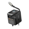 شاحن جداري 70 واط GaNFast بشاشة ذكية وكيبل USB-C مدمج قابل للسحب | Promate Cubix-R70 70W GaNFast Wall Charger with Retractable USB-C Cable - Black