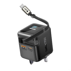 Promate Cubix-R70 شاحن جداري 70 واط GaNFast بشاشة ذكية وكيبل مدمج - أسود - صورة أمامية