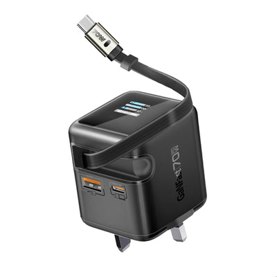 Promate Cubix-R70 شاحن جداري 70 واط GaNFast بشاشة ذكية وكيبل مدمج - أسود - صورة أمامية
