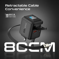 Promate Cubix-R70 شاحن 70 واط - أسود - كيبل USB-C مدمج ينسحب 80 سم