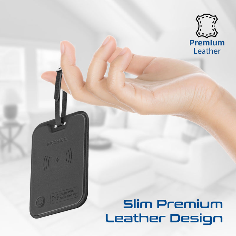 Promate HushTag Black luggage tag attached to a suitcase handle at the airport