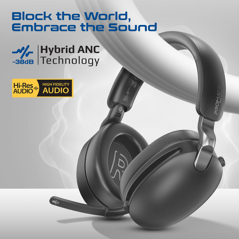 Promate Serene-2 Hybrid ANC Over-Ear Headphones 1000mAh Black-Angle