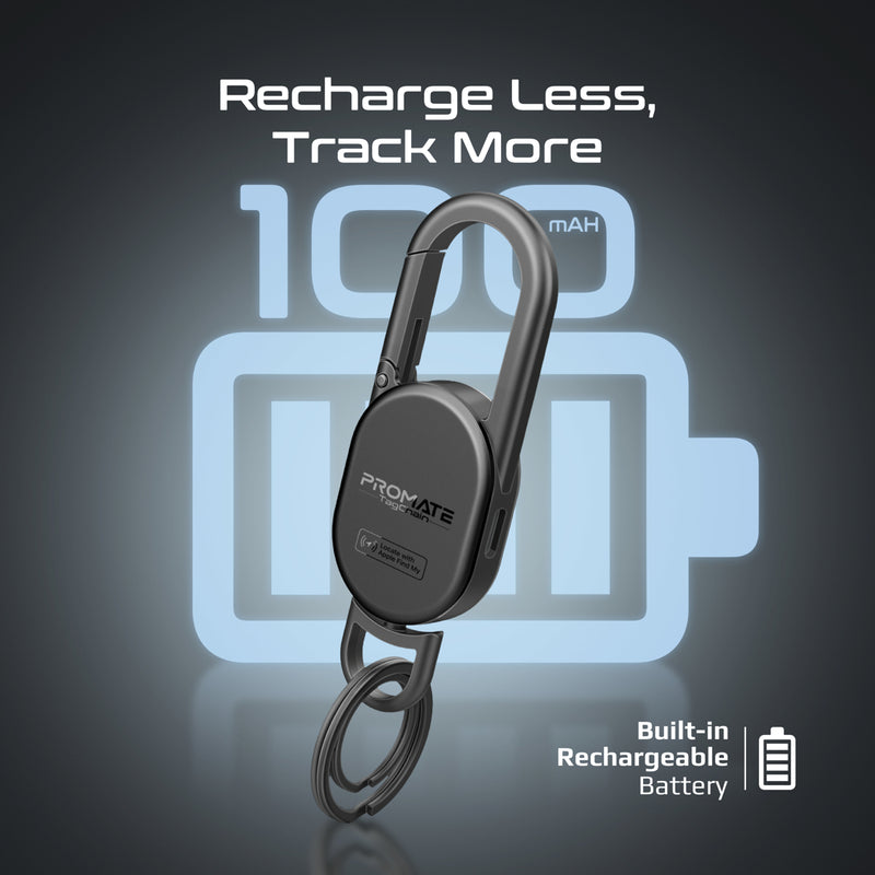 Promate TagChain Black key tracker clipped to a backpack strap