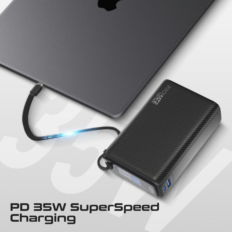 Promate Titan-35W Power Bank 20000mAh 35W TFT Screen Black-Built-In Cable