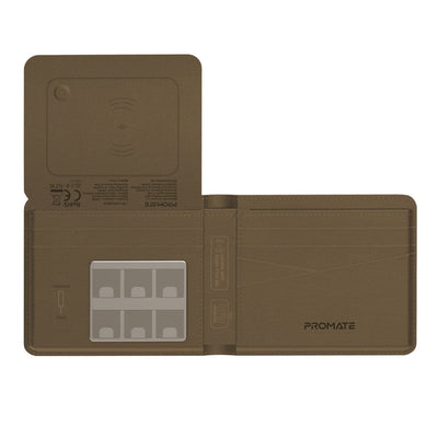 Promate ProWallet Brown slim leather wallet with RFID protection and Apple Find My tracking