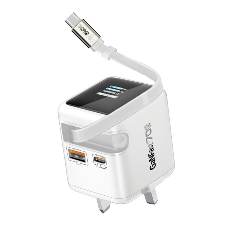 Promate Cubix-R70 شاحن جداري 70 واط GaNFast بشاشة ذكية وكيبل مدمج - أبيض - صورة أمامية