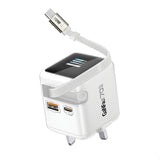 شاحن جداري 70 واط GaNFast بشاشة ذكية وكيبل USB-C مدمج قابل للسحب | Promate Cubix-R70 70W GaNFast Wall Charger with Retractable USB-C Cable - White