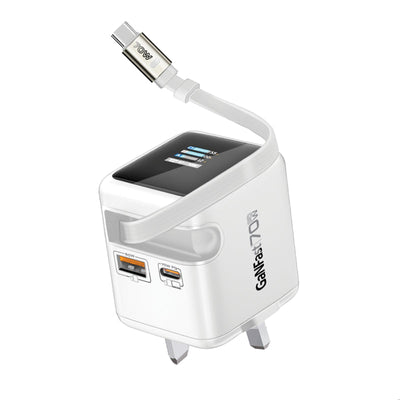 Promate Cubix-R70 شاحن جداري 70 واط GaNFast بشاشة ذكية وكيبل مدمج - أبيض - صورة أمامية