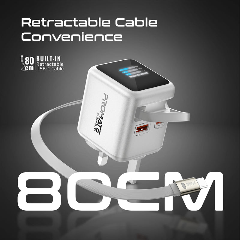 Promate Cubix-R70 شاحن 70 واط - أبيض - كيبل USB-C مدمج ينسحب 80 سم