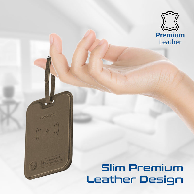 Promate HushTag Brown luggage tag attached to a suitcase handle at the airport