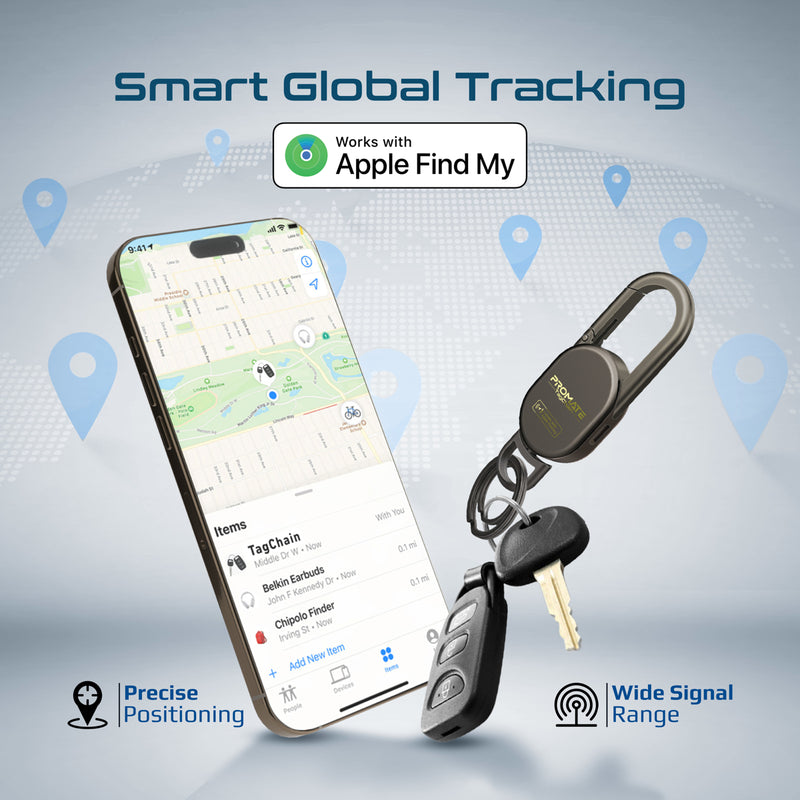 Promate TagChain Titanium carabiner clip and keyring detail in aluminium finish