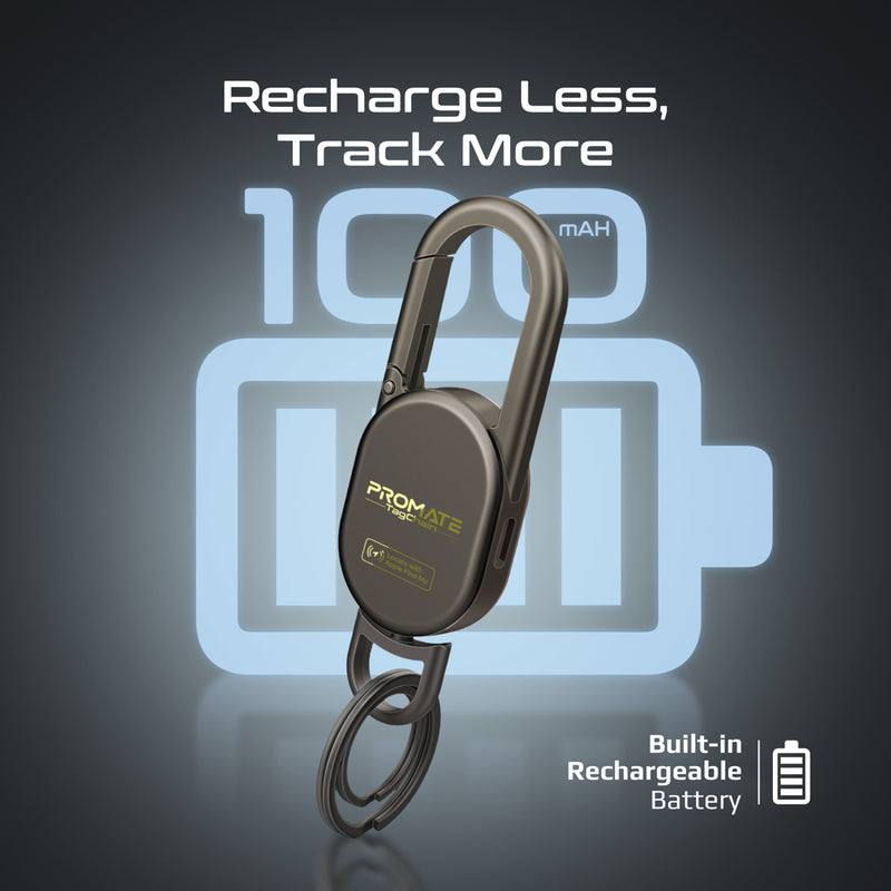 Promate TagChain Titanium key tracker clipped to a bag strap