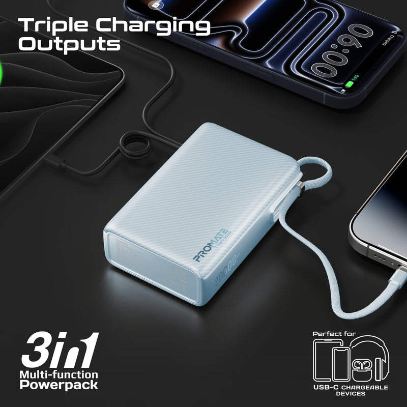 Promate Titan-35W Power Bank 20000mAh 35W TFT Screen Blue-Display