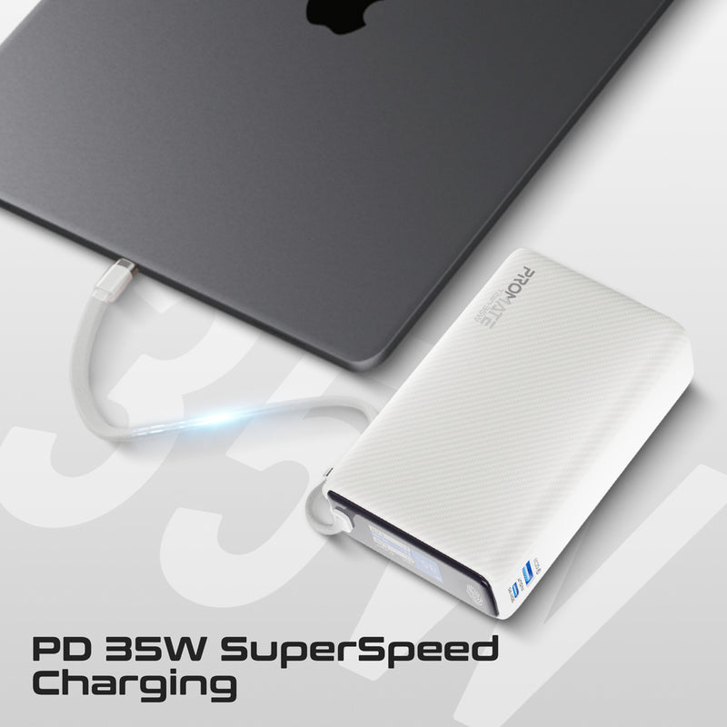 Promate Titan-35W Power Bank 20000mAh 35W TFT Screen White-Built-In Cable