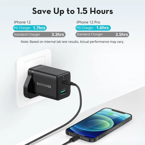 Şarjêra Dîwêr a RAVPower RP-PC168 20W Du Port USB-C &amp; USB-A - Şarjêra RAVPower 20W – USB-C û Porta USB