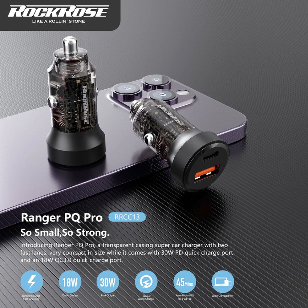 شاحن سيارة روك روز بمنفذي يو اس بي اي وتايب سي وبقدرة شحن 30 واط  | Rockrose 30W PD & QC 3.0 Dual Port Car Charger