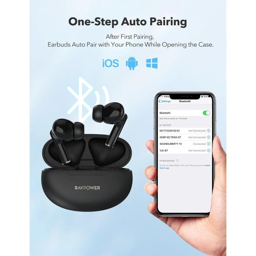 Guhguhkên Bêtêl ên RAVPower BH1018 bi Dema Lîstinê ya Heta 24 Saetan - Reş | Guhguhkên Bluetooth-ê yên Bêtêl ên Stûdyoyê yên Rastîn ên RAVPower BH1018, Heta 24 Saetan - Reş
